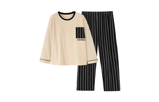 橡柠派 条纹韩风套头圆领女家居服简约宽松长袖长裤套装秋冬季 家居套装 女款 杏色