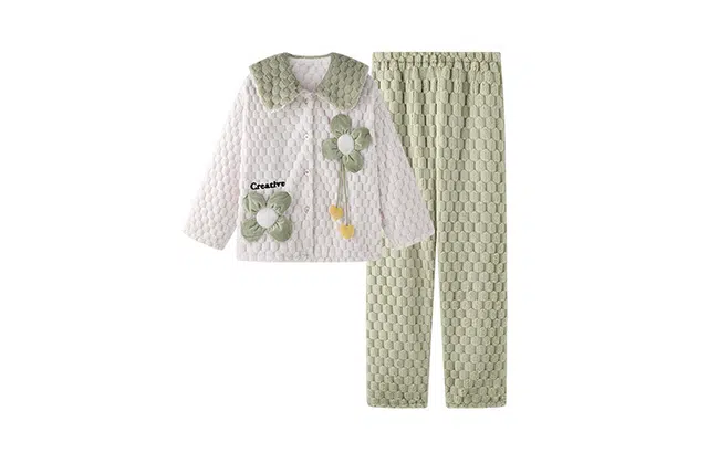 橡柠派 小香风开衫花朵女家居服简约宽松长袖长裤套装秋冬季 家居套装 女款