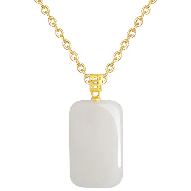 周百福 平安无事牌 国风古典方形玉无事牌锁骨链 和田玉 项链 男女同款情侣款 青白玉