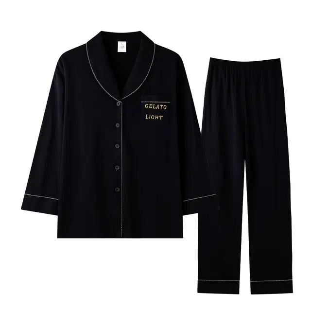 美腾 情侣睡衣春秋款长袖纯棉开衫家居服宽松休闲男女秋季 家居套装 情侣款 黑色