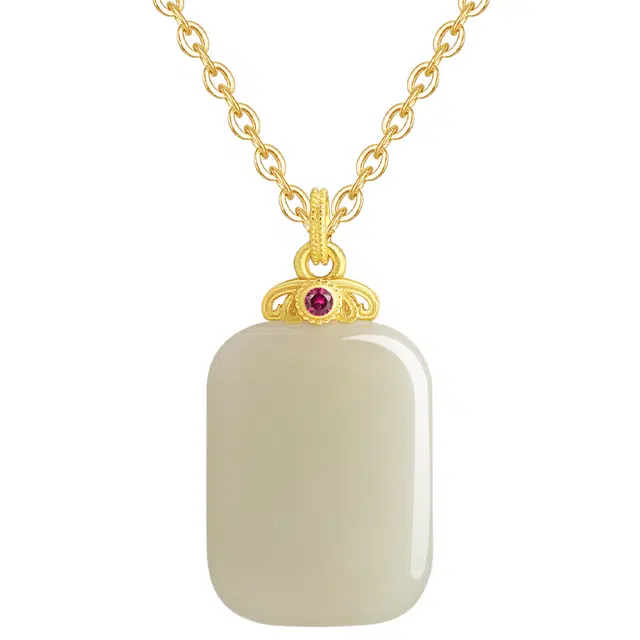 周百福 晴水无事牌 国风简约复古风百搭款坠吊坠 和田玉 项链 女款 青白玉