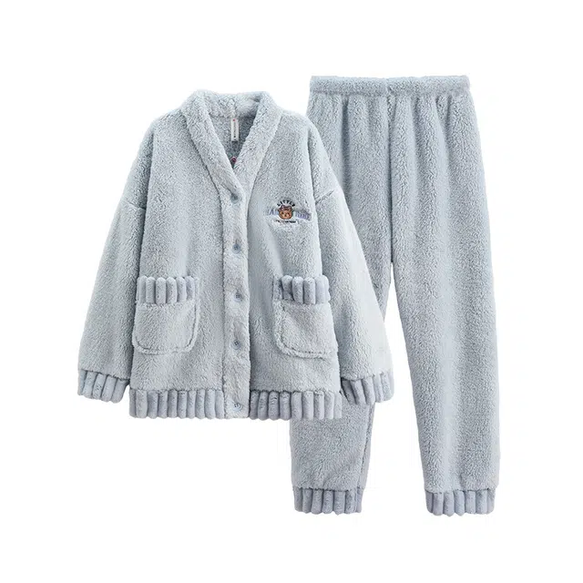 芬腾 女士睡衣珊瑚绒秋冬加绒套装加厚女款保暖加大码家居服 家居套装  女  糖果粉 嫩绿