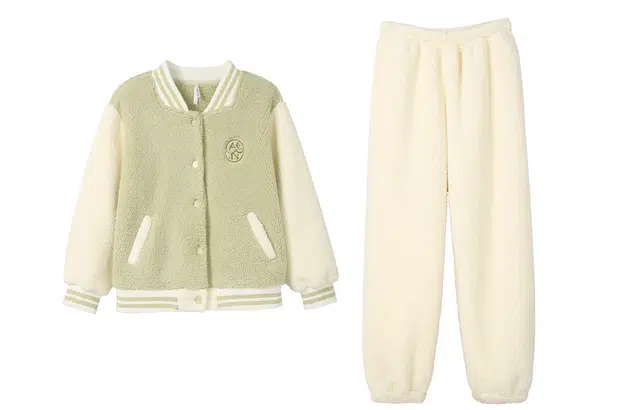 安之伴 冬季睡衣双面北羔绒保暖锁温棒球服可外穿家居套装 女款 深草绿