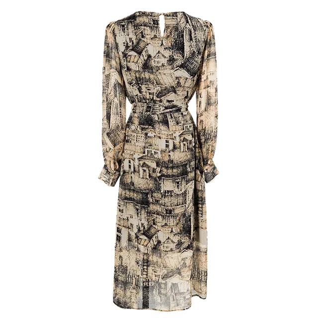 米思阳 时尚气质印花长袖连衣裙 杏黑色