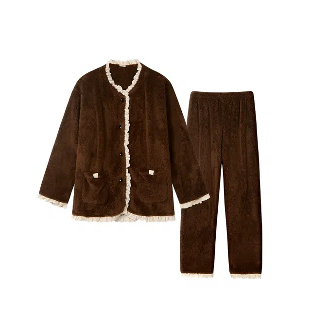 美腾 珊瑚绒睡衣女冬季加绒加厚毛绒家居服开衫秋冬款可外穿法兰绒 家居套装 女款 棕色