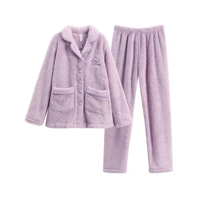 芬腾 情侣睡衣珊瑚绒秋冬加绒加厚 法兰绒休闲保暖 家居套装  男女款  香芋紫 胭脂粉 碳灰