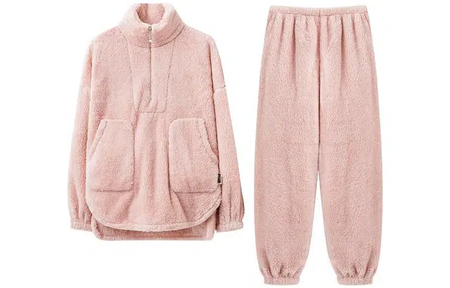 怡吾色 睡衣秋冬季珊瑚绒拉链加厚加绒保暖家居服 简约纯色可外穿 家居套装 情侣款