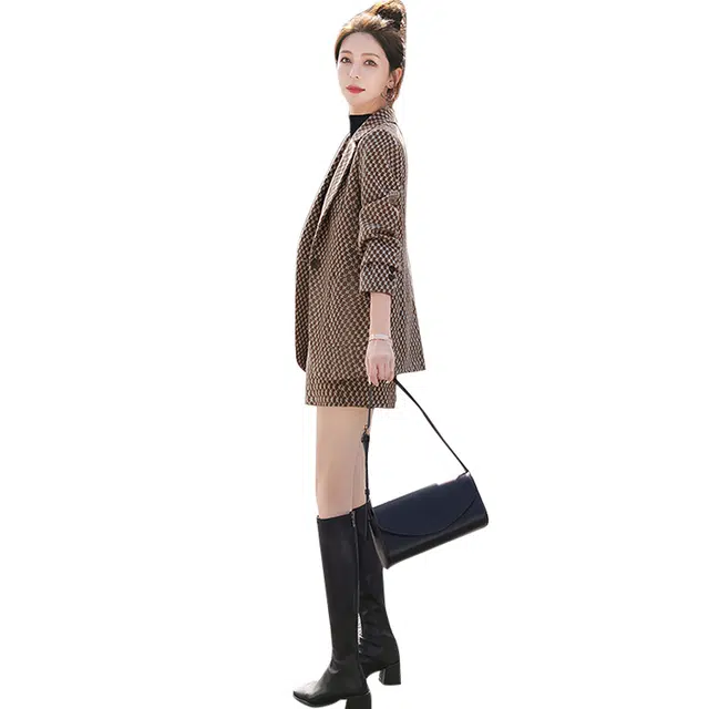 丝柏舍 修身一粒扣西服外套高腰休闲短裤西装套装 女款 深咖底白格