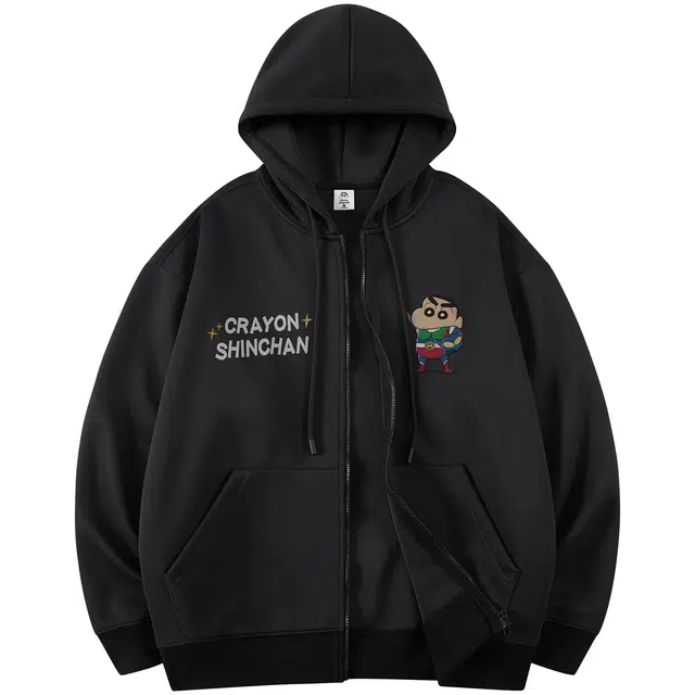 蜡笔小新 卡通动感超人字母印花休闲宽松连帽开衫卫衣 男女同款