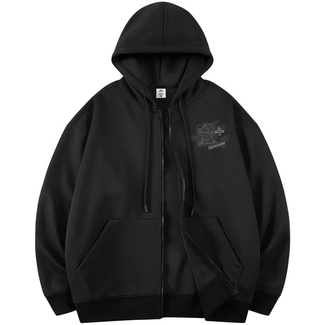 蜡笔小新 卡通线稿手绘奔跑小新字母印花休闲拉链连帽开衫卫衣外套 男女同款