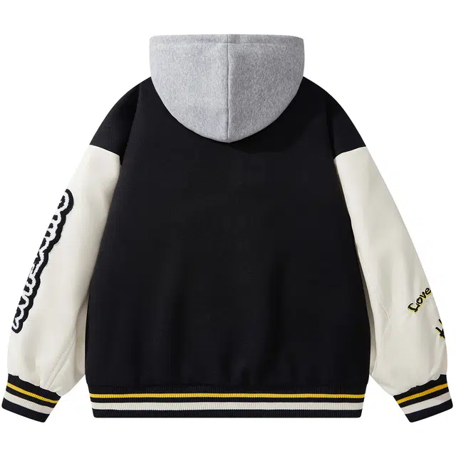 蜡笔小新 趣味欢呼小新卡通字母印花拼接撞色休闲宽松连帽夹克外套 男女同款