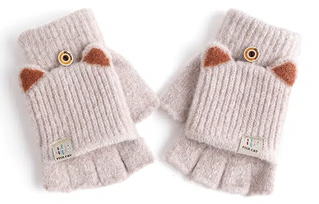 优幽兰 毛线可爱露指翻盖防风防寒骑车电瓶车 实用保暖上课写字实用 学生通勤 设计感小众护手 绒线手套 女款