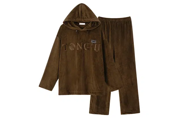 同语 睡衣女海岛绒秋冬季加厚家居服女士珊瑚绒可外穿连帽家居服 家居套装 女款 金咖色