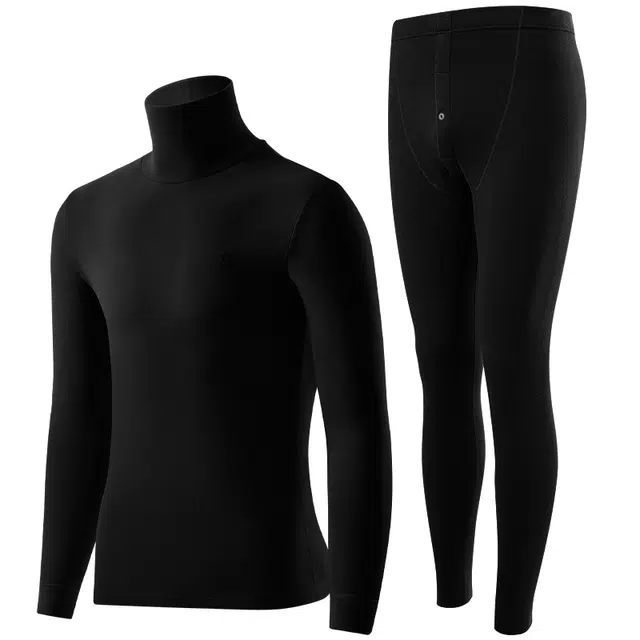 梦特娇 经典纯色高领加绒长袖上衣松紧腰修身长裤保暖套装 男款