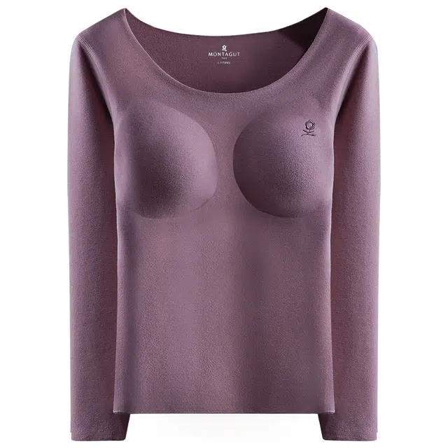 梦特娇 纯色无痕圆领带胸垫免穿胸罩加绒修身保暖上装 女款