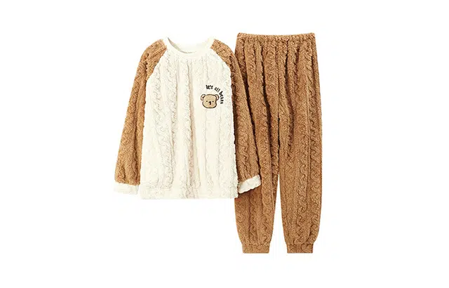 橡柠派 秋冬加厚款家居服 简约可爱小熊睡衣宽松长袖长裤 家居套装 男款 咖啡棕