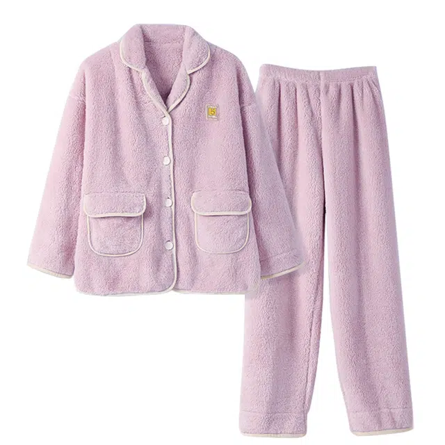 浪莎 雪花长毛绒珊瑚绒睡衣女冬季翻领开衫扣系加绒加厚保暖法兰绒 家居套装 女款 紫色