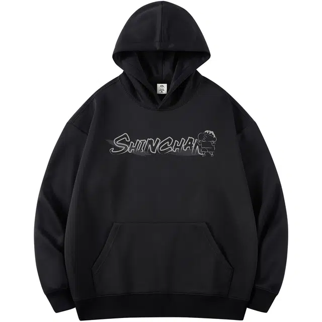 蜡笔小新 卡通线稿奔跑小新字母印花休闲宽松套头连帽卫衣 男女同款