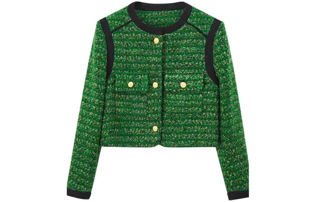 【dme】 休闲圆领复古通勤粗花呢小香风夹克 女款 绿色