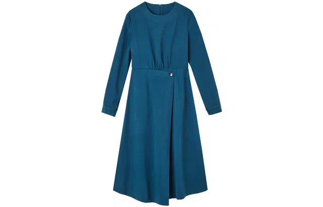 【dme】 纯色复古不规则圆领长袖连衣裙 醇蓝