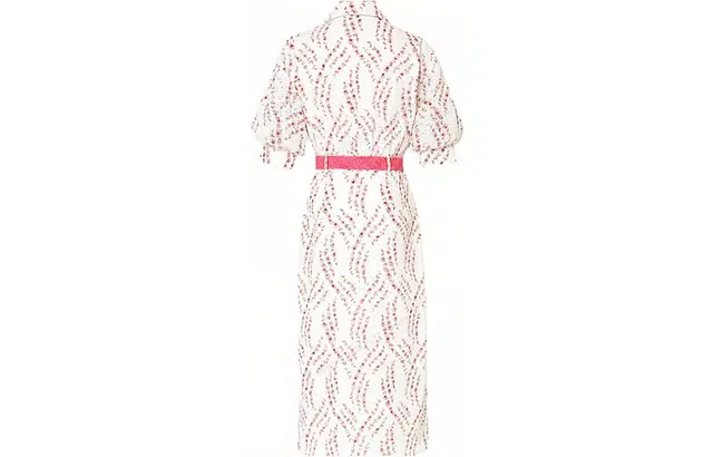 达菲时尚 印花刺绣灯笼袖短袖连衣裙 玫红