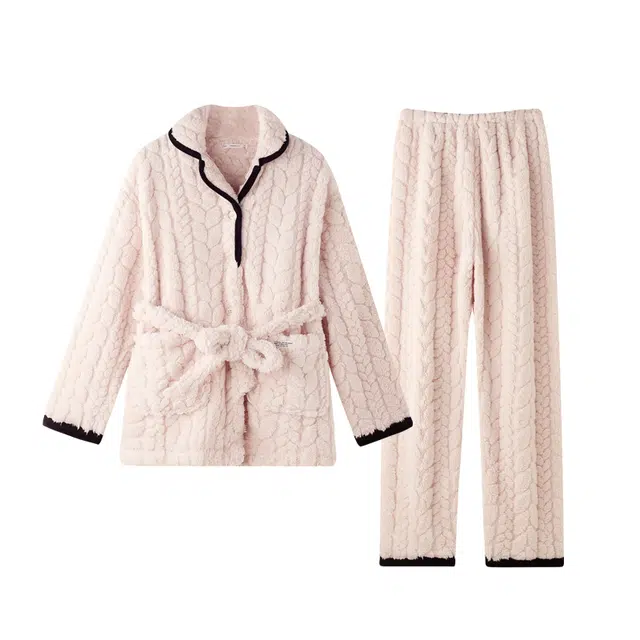 美腾 珊瑚绒睡衣女士冬季开衫加厚加绒家居服法兰绒保暖套装可外穿 家居套装 女款