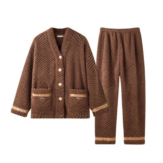 美腾 珊瑚绒睡衣女冬季加厚提花保暖家居服高级秋冬套装可外穿 家居套装  女款 棕色