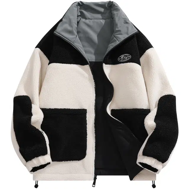 蜡笔小新 双面穿羊羔绒卡通字母小标加厚保暖翻领休闲宽松棉服 男女同款