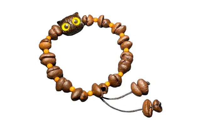 鲤晶 国潮文玩 招财猫咪搭配醒神咖啡豆 单圈 学院风 紫光檀 木作手串 男女同款情侣款 紫光檀