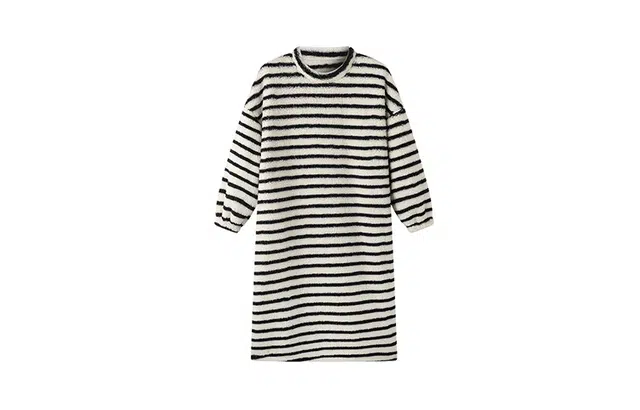 橡柠派 秋冬款简约条纹加绒加厚中长款睡裙 家居连衣裙 女款 条纹黑