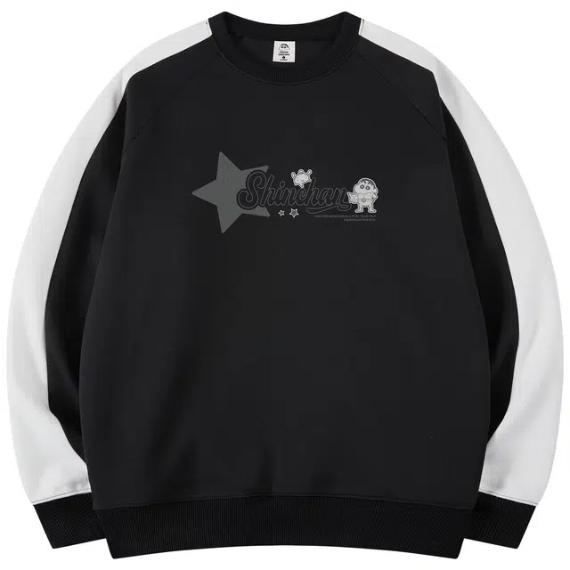 蜡笔小新 撞色插肩卡通字母印花休闲宽松圆领套头卫衣 男女同款