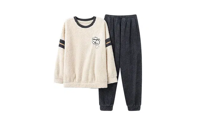 橡柠派 保暖情侣款时尚简约可爱开心熊 韩版加绒加厚长袖长裤睡衣套装 男女同款