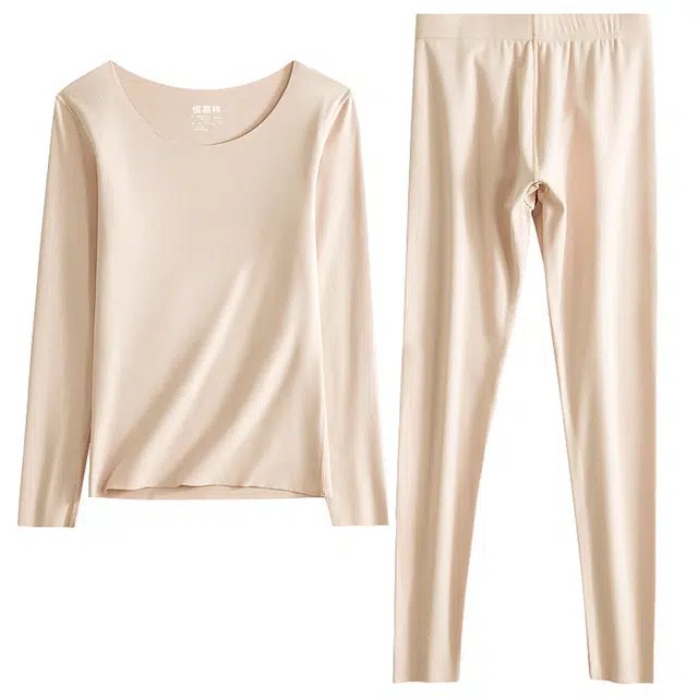 恒源祥 纯色圆领长袖无痕抑菌双面磨毛暖蓄热锁温打底秋衣秋裤保保暖套装 女款