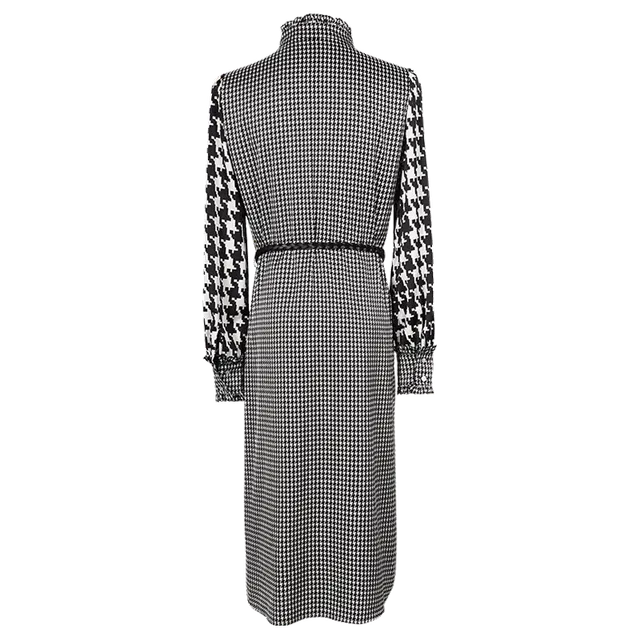 米思阳 千鸟格圆领长袖连衣裙 黑杏色