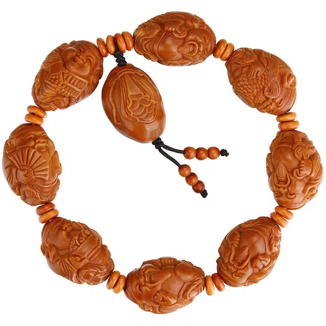 妍韵珠宝 抱鱼财神油核雕刻文玩盘玩 橄榄核 核桃类手串 男款