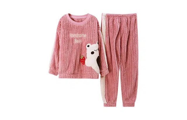 橡柠派 秋冬款可爱小草莓家居服圆领套头简约卡通小熊宽松长袖长裤家居套装 冬季 女款 少女粉