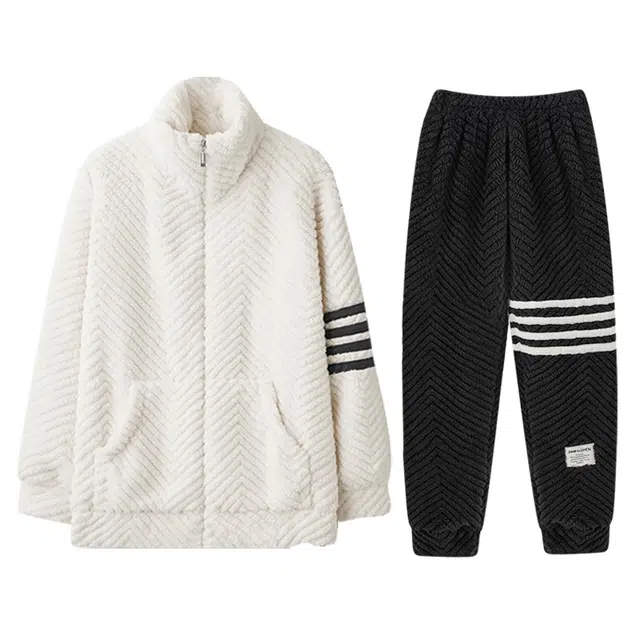 兰缪 秋冬季珊瑚绒男生睡衣 学生宿舍运动休闲加厚加绒家居服可外穿 家居套装  男款  白色