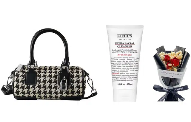 科颜氏 洗面奶/白泥面膜/高保湿面霜/金盏花爽肤水/淡斑精华+满天星花束+千鸟格旅行包 收缩毛孔