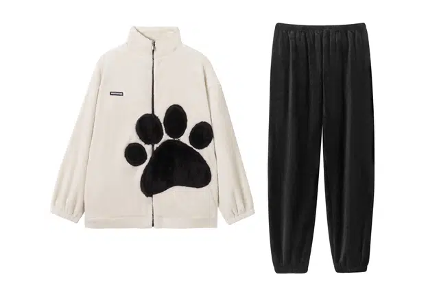 小情歌 家居服睡衣 珊瑚绒保暖睡衣男秋冬家居服女冬季长袖长裤男士可爱猫脚印图案立领 家居套装  男款  白色