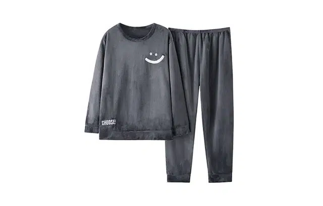 橡柠派 纯色 套头圆领笑脸简约时尚潮流长袖长裤睡衣套装 男款 高级灰