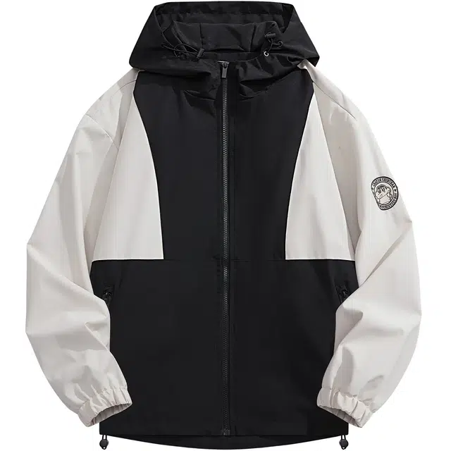 蜡笔小新 山系户外撞色拼接休闲卡通小新字母印花宽松防风连帽夹克外套 男女同款