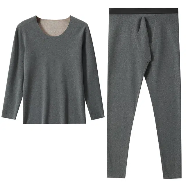 恒源祥 纯色圆领加绒加厚套头长袖上衣松紧腰修身长裤保暖套装 男款