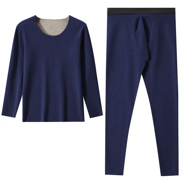 恒源祥 纯色圆领加绒加厚套头长袖上衣松紧腰修身长裤保暖套装 男款