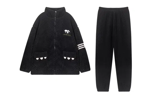 小情歌 家居服睡衣 珊瑚绒保暖睡衣男秋冬家居服男冬季长袖长裤男士可爱熊猫波浪纹立领家居套装 男款 黑色