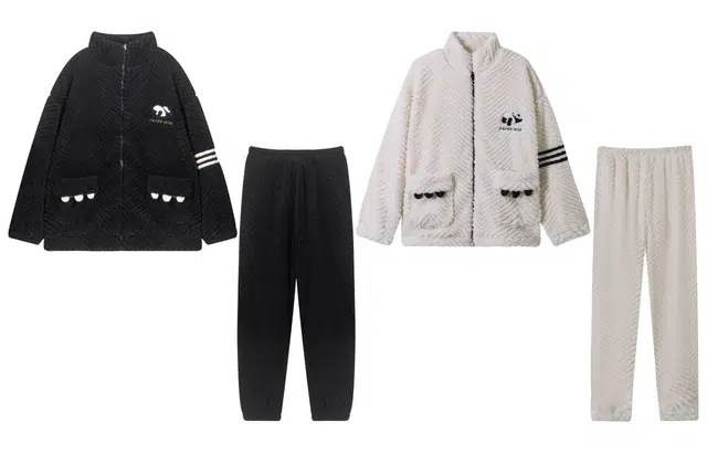 小情歌 家居服睡衣 珊瑚绒保暖睡衣女秋冬家居服男冬季长袖长裤女士男士可爱熊猫波浪纹立领家居套装 情侣款 白色+黑色