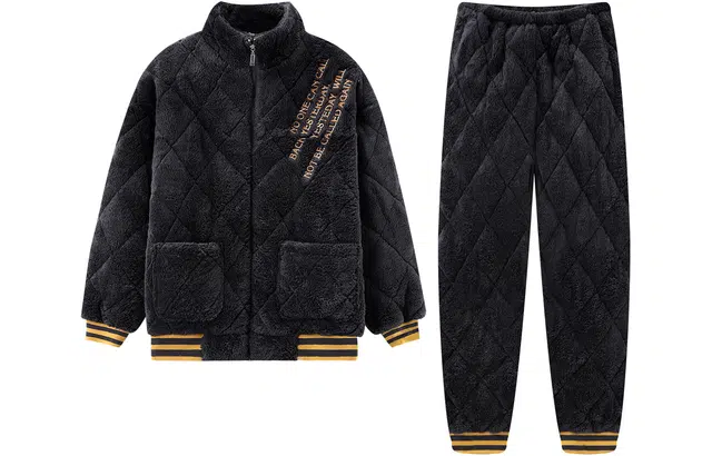 宫蝶 冬季三层夹棉保暖珊瑚绒加厚家居服冬季可外穿休闲睡衣套装 男款 深灰色