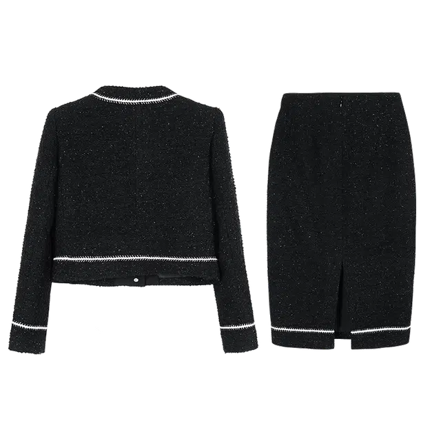 米思阳 小香风单排扣外套细腻柔和半身裙裙装套装 女款 黑色