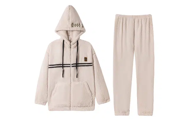 小情歌 家居服睡衣 珊瑚绒保暖睡衣女秋冬家居服女冬季大码长袖长裤女士线条设计连帽家居套装 女款 奶白色