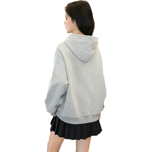 丝柏舍 长袖卫衣撞色字母休闲抽绳连帽套头上衣 女款 浅灰色