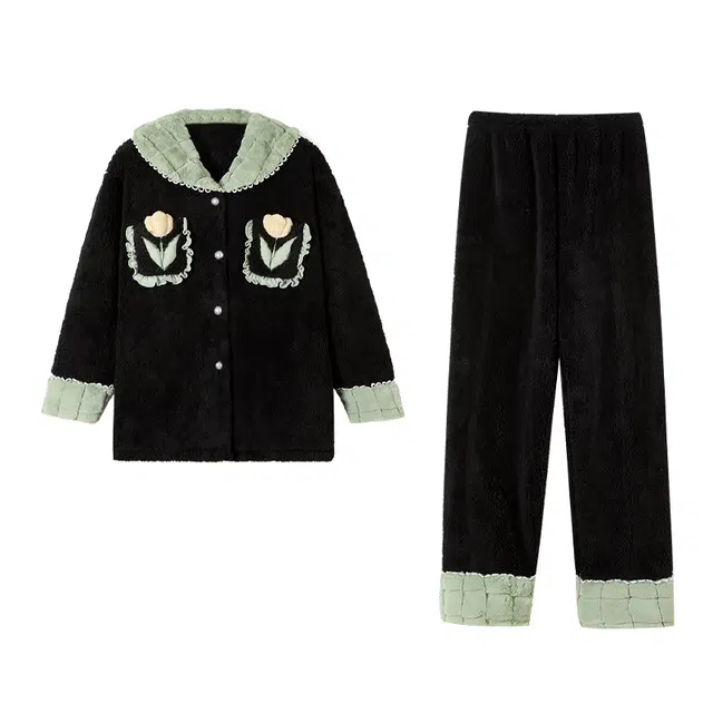 可人儿  珊瑚绒睡衣睡裤 加绒加厚保暖  郁金香拼色简约可外穿家居套装  秋冬季女款黑色